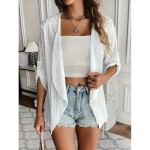 Solid Eyelet Open Front Blazer, Casual Lapel Long Sleeve Outwear For Spring & Fall, Women's Clothing