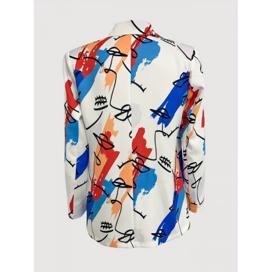 Graphic Print Double Breasted Lapel Neck Blazer, Casual Long Sleeve Blazer For Office & Work, Women's Clothing