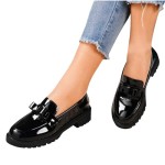 Women Patent Leather Loafers - Summer Glossy Slip-On Dress Shoes with Bow, Chunky Non-Slip Sole Platforms Sandals for School or Casual Wear
