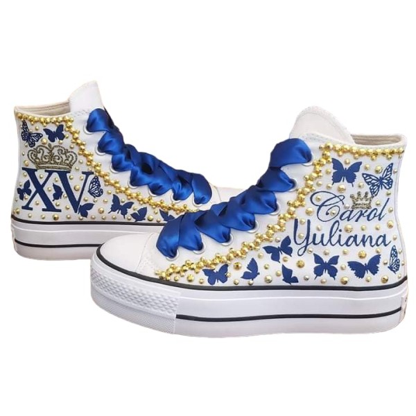 Fifteen Birthday Custom Shoes, Quinceanera Sneakers Buterflies Printed, Mis XV Shoes high top Blue