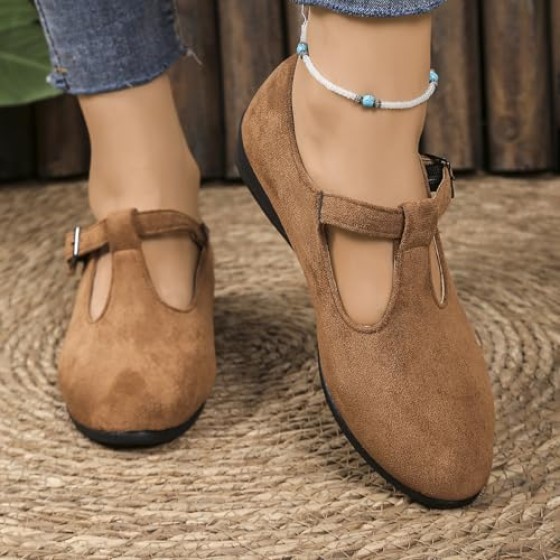 Women's Dress Flats Ballet Low Wedge Round Toe Ankle Strap Comfortable Casual Business Office Work Flats Shoes