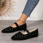 Women's Mary Jane Flats Shoes Pointed Toe Rhinestone Casual Ballet Flats with Ankle Strap Comfortable Suede Dress Shoes for Women Work Office